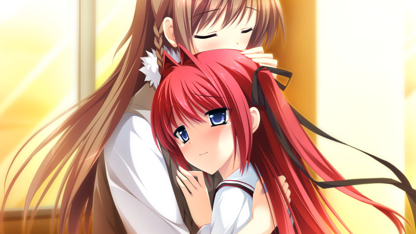 blue_eyes, braid, brown_hair, closed_eyes, crossdressinging, game_cg, hand_on_another's_back, hand_on_another's_chest