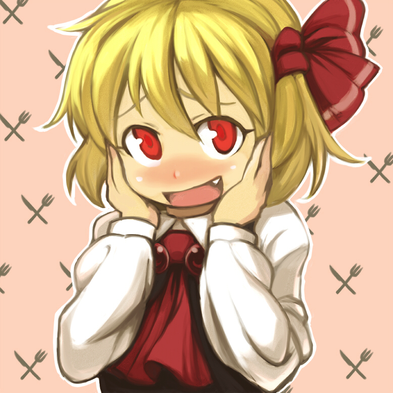 blonde_hair, blush, bust, fang, fork, hands_on_own_cheeks, hands_on_own_face, knife, looking_at_viewer, mizuno_(okn66), okn66, rumia, sepia_background, short_hair, smile, solo, touhou, youkai