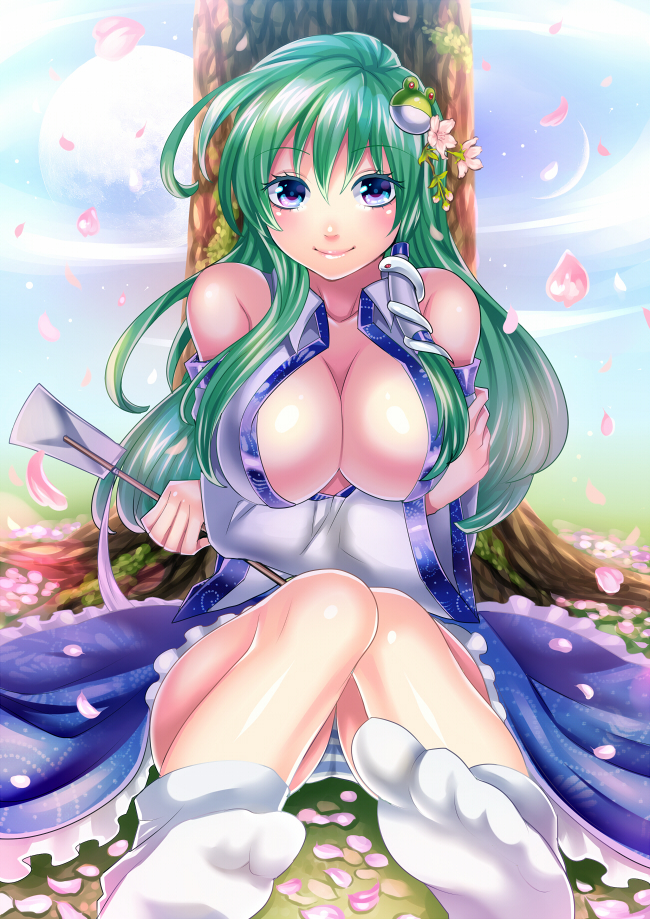 bare_shoulders, blue_eyes, blue_panties, breasts, cleavage, detached_sleeves, flower, frog_hair_ornament
