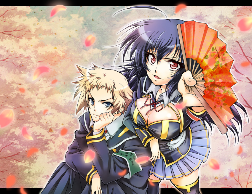 1girl, ahoge, blonde_hair, blue_eyes, blue_hair, breasts, cleavage, fan, folding_fan, hinako_(manyakku), hitoyoshi_zenkichi, kurokami_medaka, large_breasts, letterboxed, long_hair, medaka_box, petals, pleated_skirt, red_eyes, school_uniform, skirt, thigh-highs, thighhighs, tree, very_long_hair