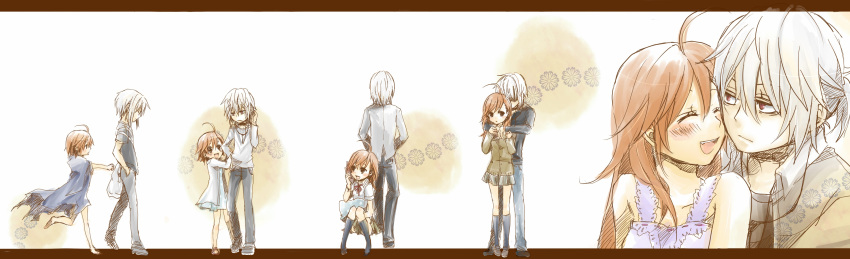 1girl, :d, ^_^, absurdres, accelerator, adult, ahoge, asuta1102, bag, black_eyes, brown_hair, carrying, cellphone, closed_eyes, couple, earphones, eyes_closed, hand_in_pocket, hands_in_pockets, highres, holding, hug, hug_from_behind, last_order, letterboxed, long_image, multiple_views, open_mouth, phone, plastic_bag, red_eyes, running, school_uniform, skirt, smile, talking_on_phone, teenage, to_aru_majutsu_no_index, white_hair, wide_image