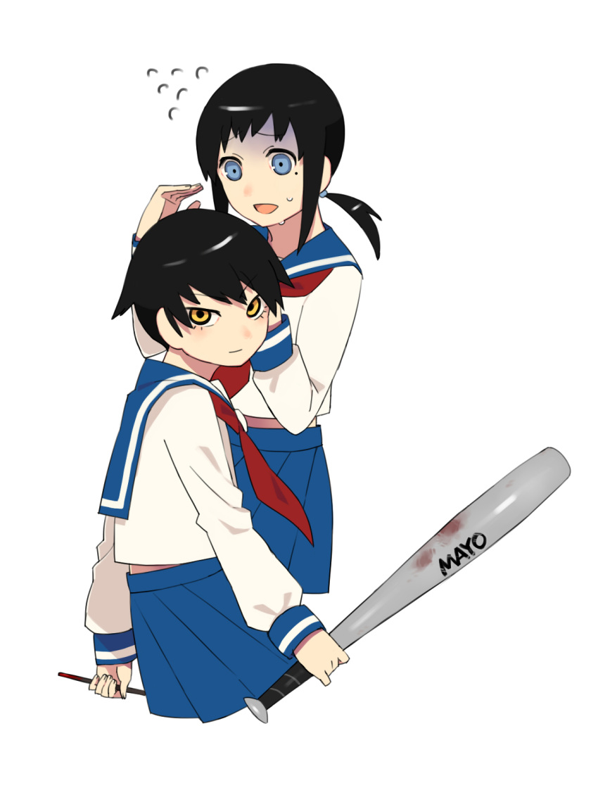 baseball_bat, black_hair, blood, blue_eyes, highres, kaga_ai, mitama_mayo, mole