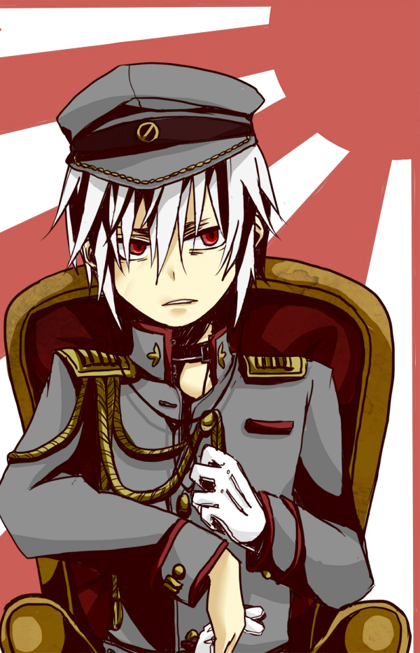 accelerator, aiguillette, asuta1102, chair, gloves, hat, holding, male, military, military_hat, military_uniform, peaked_cap, red_eyes, rising_sun, sitting, solo, to_aru_majutsu_no_index, uniform, white_gloves, white_hair