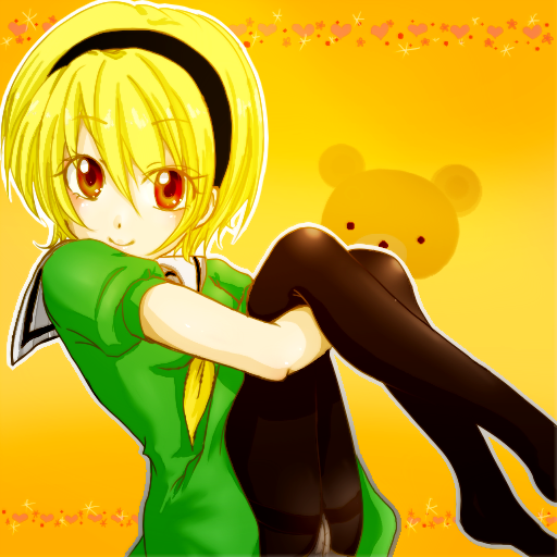 blonde_hair, dress, hair_between_eyes, hairband, heart, higurashi_no_naku_koro_ni, houjou_satoko, leg_hold