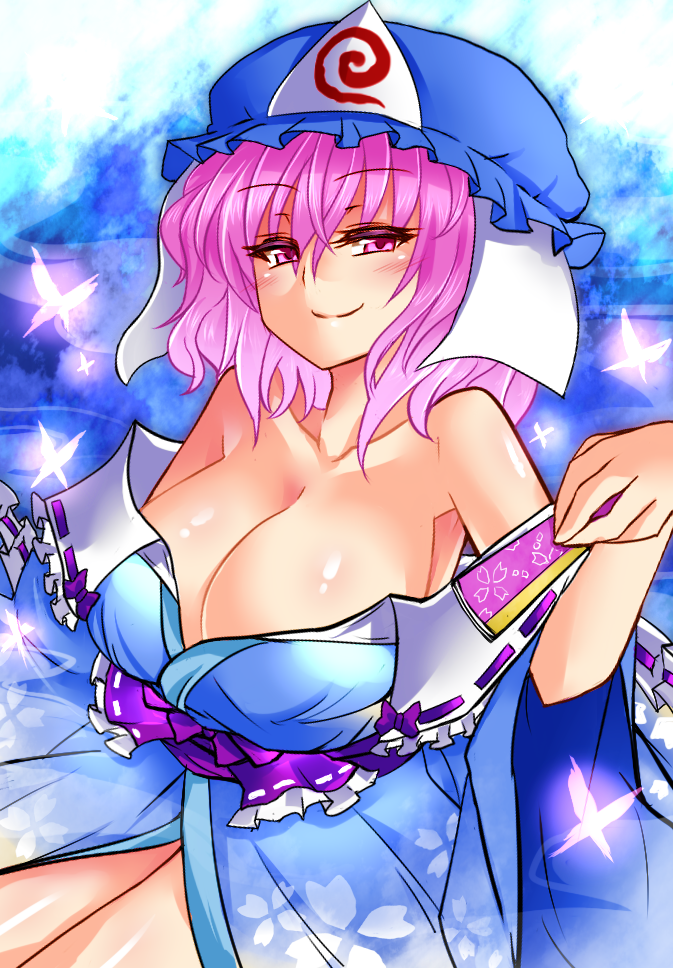 bare_shoulders, breasts, butterfly, cleavage, hat, huge_breasts, japanese_clothes, kimono