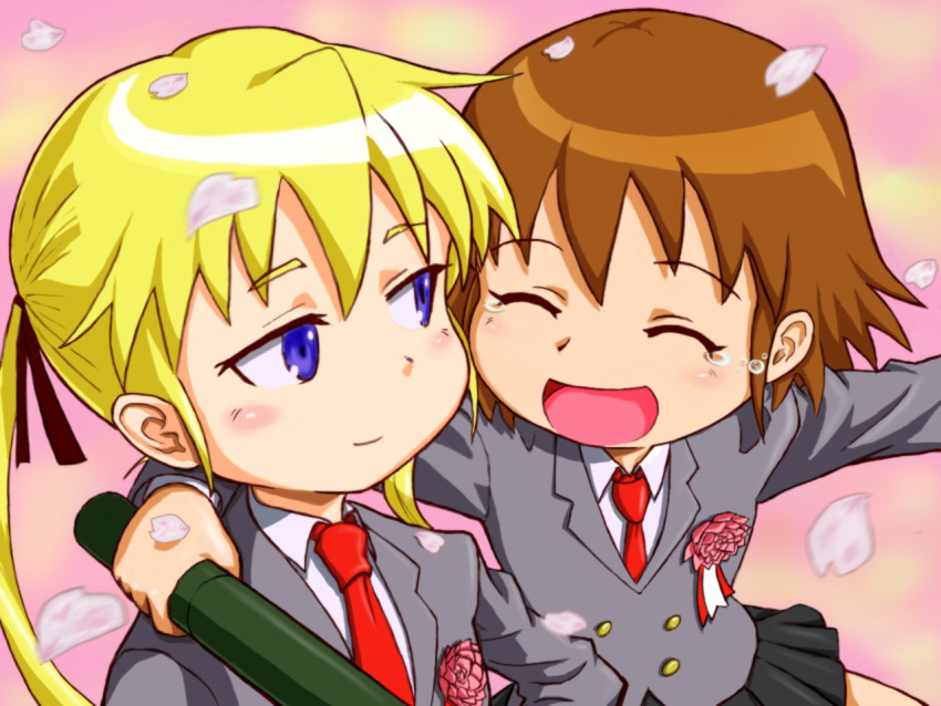 blonde_hair, blue_eyes, brown_hair, hair_ribbon, kill_me_baby, long_hair, multiple_girls, necktie, oribe_yasuna, ribbon, school_uniform, short_hair, skirt, smile, sonya_(kill_me_baby), tears, terry1129, twintails, yuri