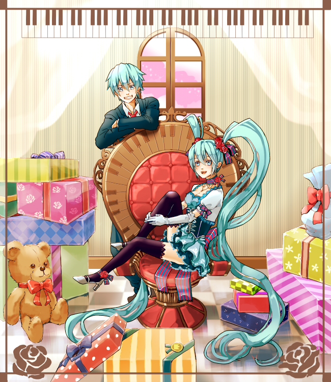 1girl, aqua_eyes, aqua_hair, arufa, chair, corset, dual_persona, elbow_gloves, genderswap, gift, gloves, grin, hatsune_miku, hatsune_mikuo, high_heels, jewelry, long_hair, madara676, necklace, open_mouth, piano_keys, shoes, sitting, skirt, smile, stuffed_animal, stuffed_toy, teddy_bear, thigh-highs, thighhighs, twintails, very_long_hair, vocaloid, window