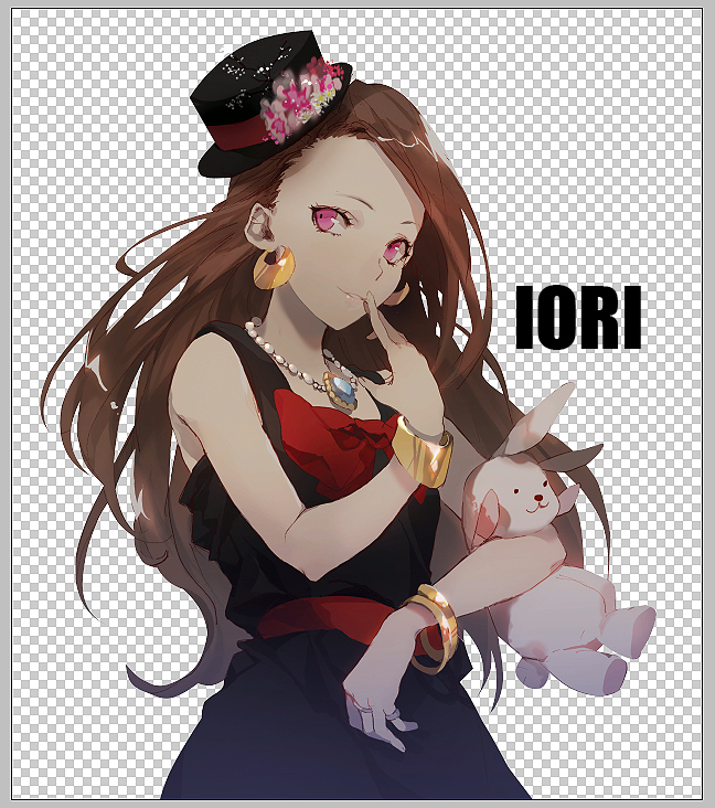 bangle, bow, bracelet, brown_hair, bunny, character_name, checkered, checkered_background, earrings, hat, idolmaster, jewelry, long_hair, minase_iori, naye, necklace, pink_eyes, rabbit, smile, solo, stuffed_animal, stuffed_toy