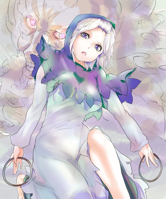 bad_id, dress, hood, jewelry, kumoi_ichirin, pink_eyes, purple_eyes, ring, silver_hair, solo, somsom, touhou, unzan, violet_eyes