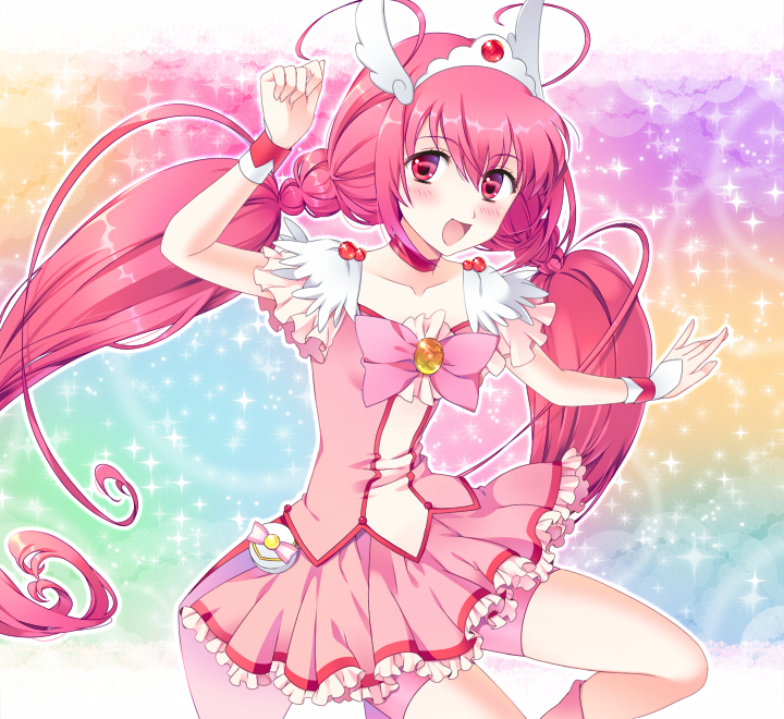 awayuki_ramika, bike_shorts, choker, cure_happy, hoshizora_miyuki, magical_girl, pink_eyes, pink_hair, precure, skirt, smile_precure!, solo, tiara, twintails