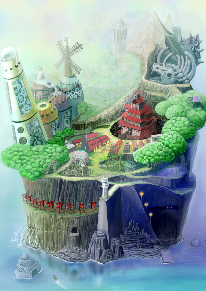 architecture, copyright_request, fantasy, forest, highres, lamppost, lighthouse, nature