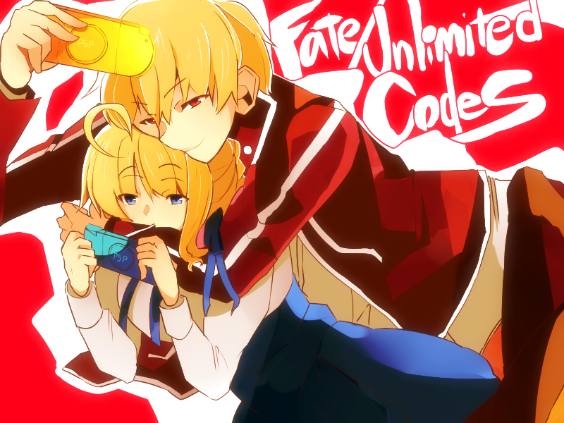1girl, ahoge, blonde_hair, blue_eyes, casual, dress, fate/stay_night, fate/unlimited_codes