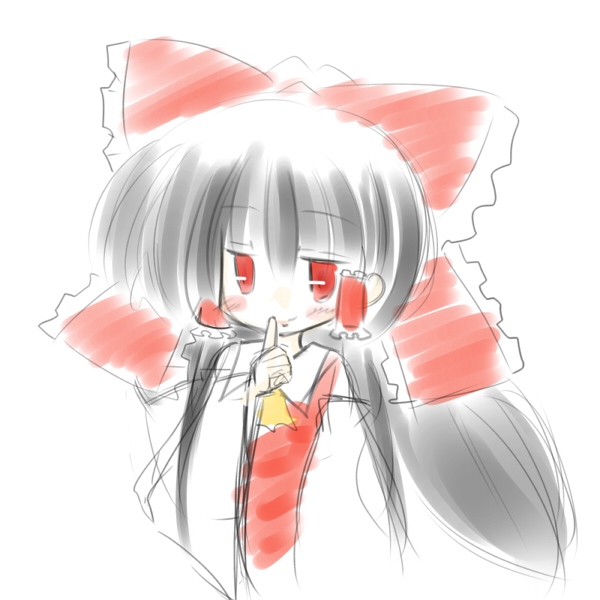 ascot, black_hair, blush, bow, detached_sleeves, finger_to_lips, finger_to_mouth, hair_bow, hair_tubes, hakurei_reimu, hino_kuu, japanese_clothes, long_hair, miko, red_eyes, simple_background, smile, solo, touhou, very_long_hair, white_background