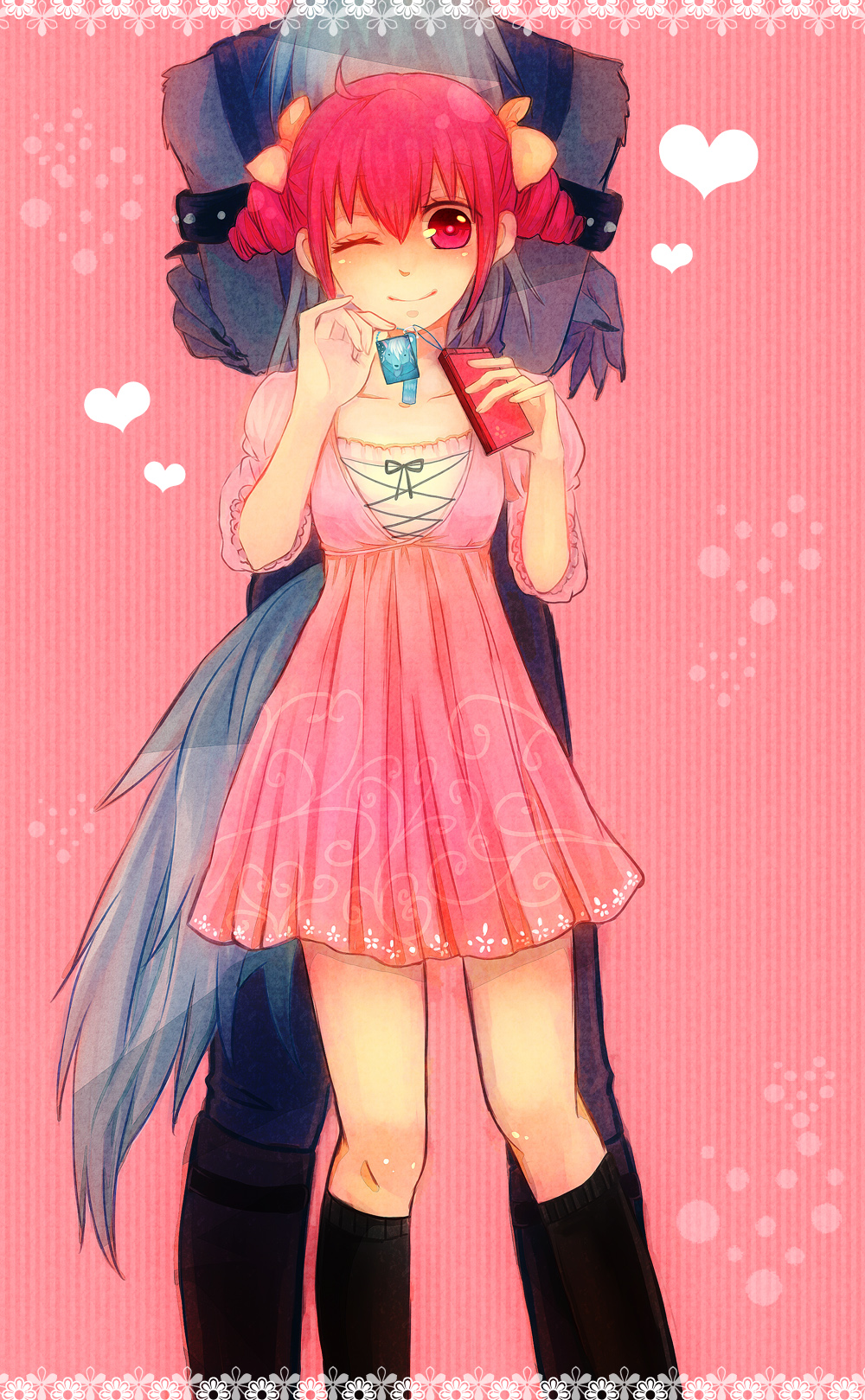 1girl, back-to-back, black_legwear, bow, dress, hair_bow, heart, height_difference