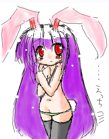 animal_ears, blush, breasts, bunny_ears, bunny_tail, covering, covering_breasts, hino_kuu, long_hair, lowres, panties, purple_hair, red_eyes, reisen_udongein_inaba, simple_background, solo, tail, thigh-highs, thighhighs, topless, touhou, underwear, very_long_hair, white_background