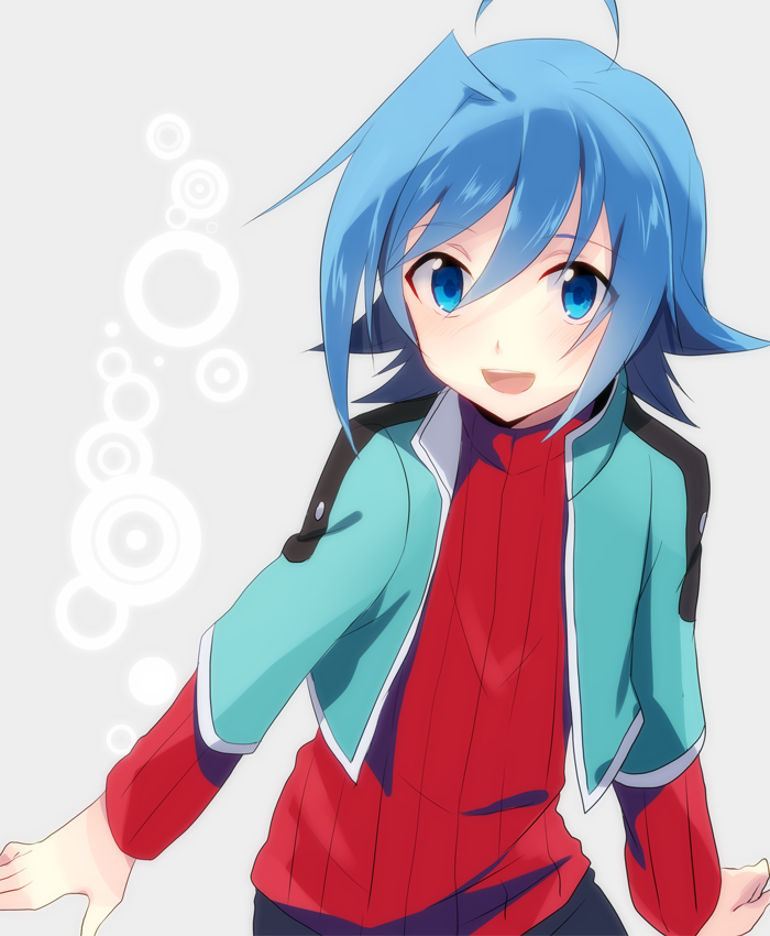 :d, bad_id, blue_eyes, blue_hair, cardfight!!_vanguard, hage_ta, looking_back, male, open_mouth, sendou_aichi, simple_background, smile, solo, white_background