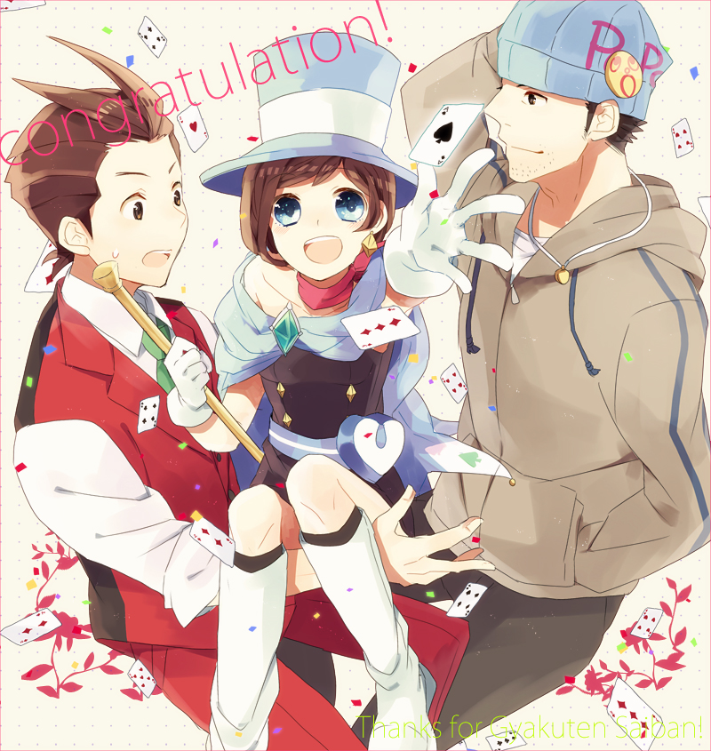 2boys, age_difference, antenna_hair, arm_up, bag, baton, beanie, black_dress