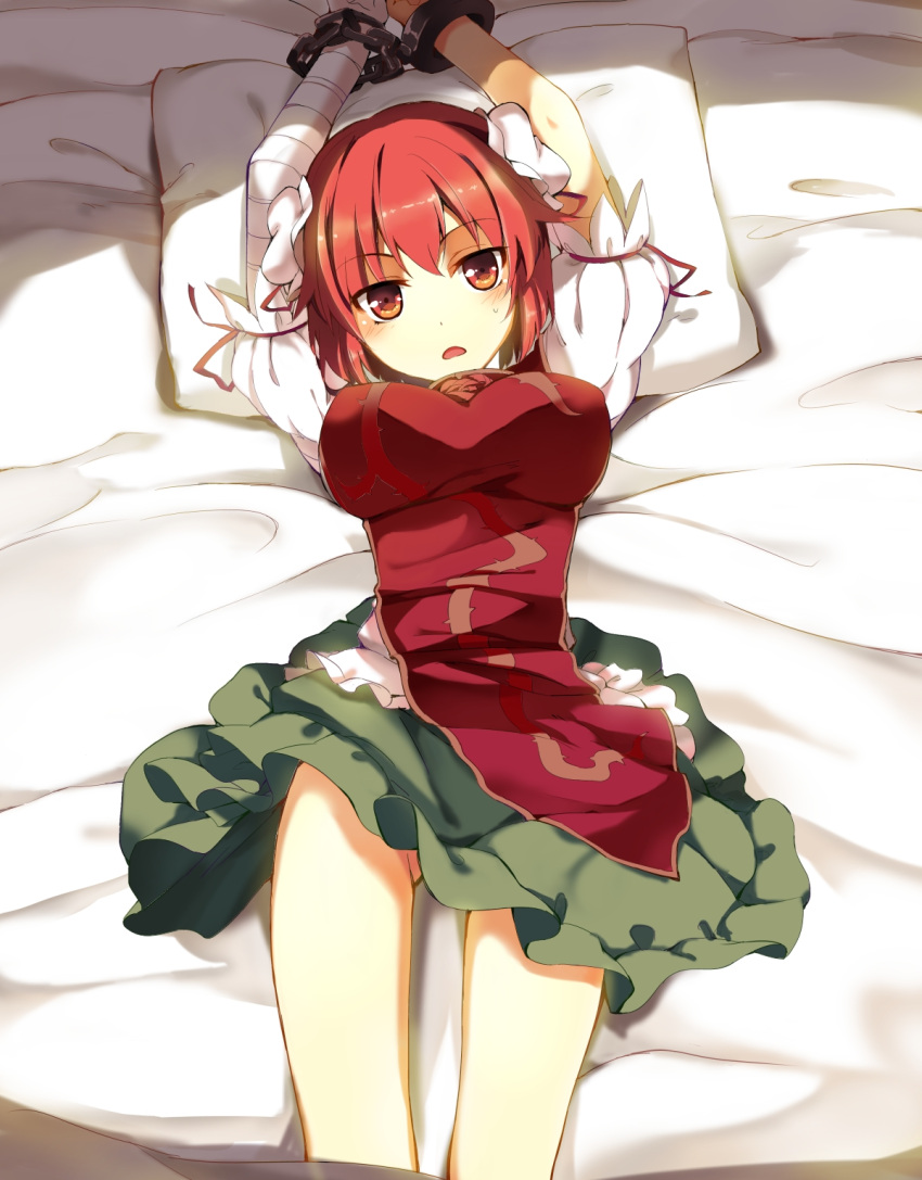 arms_up, bandage, bandages, bdsm, bed, bondage, breasts, chinese_clothes, double_bun, hasebe_yu, hasebe_yuusaku, highres, ibara_kasen, ibaraki_kasen, large_breasts, looking_at_viewer, on_back, pink_hair, red_eyes, shackle, short_hair, solo, touhou