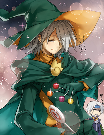 :q, between_fingers, candy, cape, grey_hair, hat, komecchi, kumanokopoosan