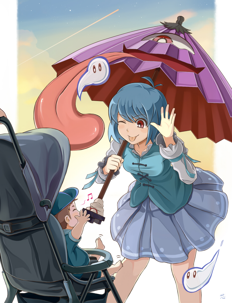 :p, baby, baby_carrier, bad_id, bare_legs, barefoot, blue_hair, ghost