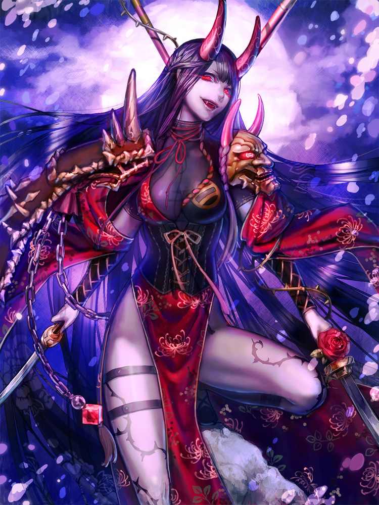 character_request, corset, demon, fangs, horns, lips, pale_skin, red_eyes, sengoku_saga, smile, sword, thorns, weapon, yamada_rokkaku, yoshihime