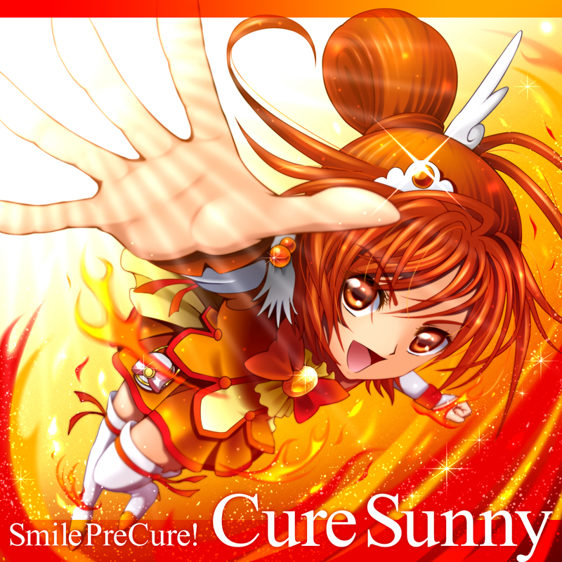 boots, bow, character_name, cure_sunny, dress, fire, hino_akane, magical_girl