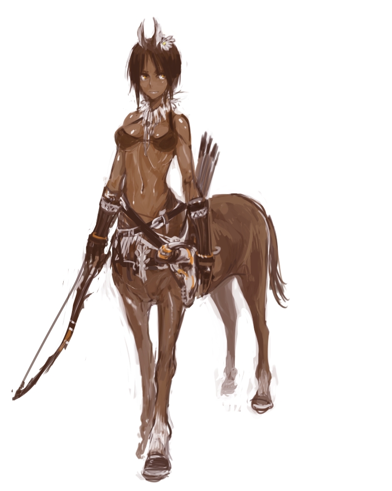 animal_ears, bikini_top, bow, bow_(weapon), brown_hair, centaur, copyright_request, dark_skin
