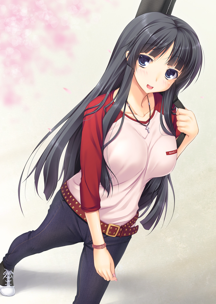 akiyama_mio, belt, black_hair, blue_eyes, carrying, collarbone, cross, cross_necklace