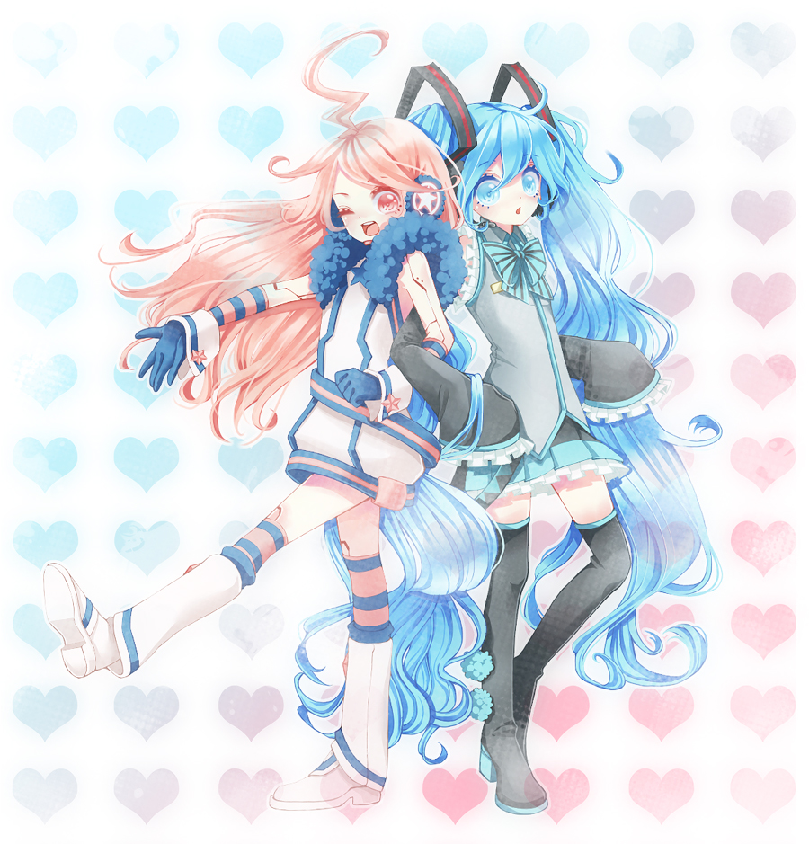 ahoge, aqua_eyes, aqua_hair, blush, boots, bow, detached_sleeves, dress