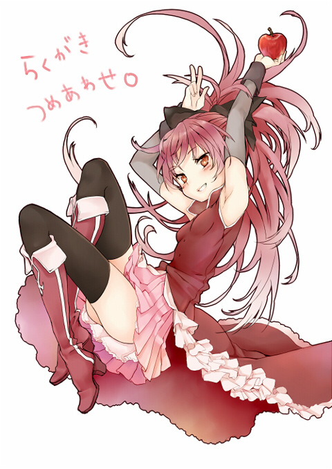 apple, armpits, arms_up, black_legwear, boots, detached_sleeves, food, fruit
