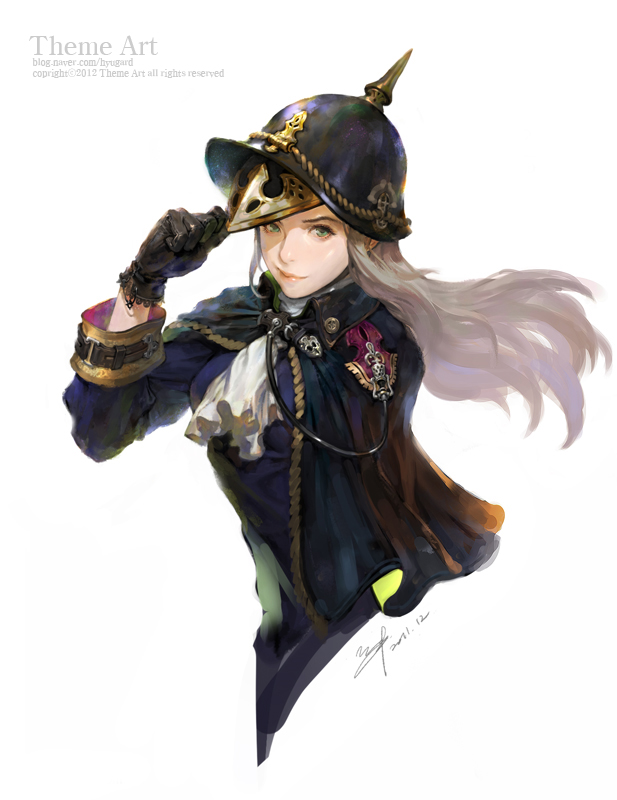 adjusting_hat, brooch, cape, gloves, green_eyes, hat, helmet, hyuga_(artist), hyuga_(harubiya), jewelry, long_hair, military, military_uniform, original, silver_hair, smile, solo, spikes, uniform