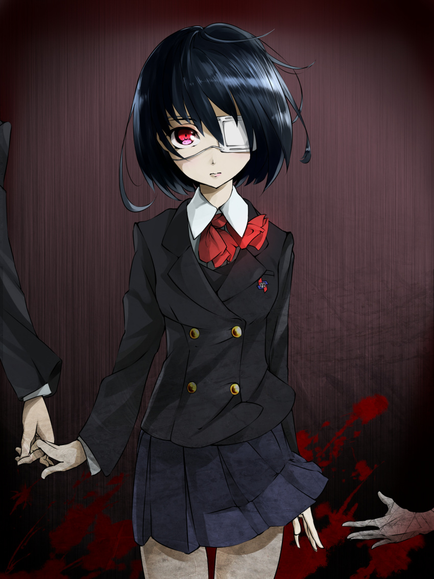 absurdres, another, black_hair, blood, eyepatch, hand_holding, highres, holding_hands