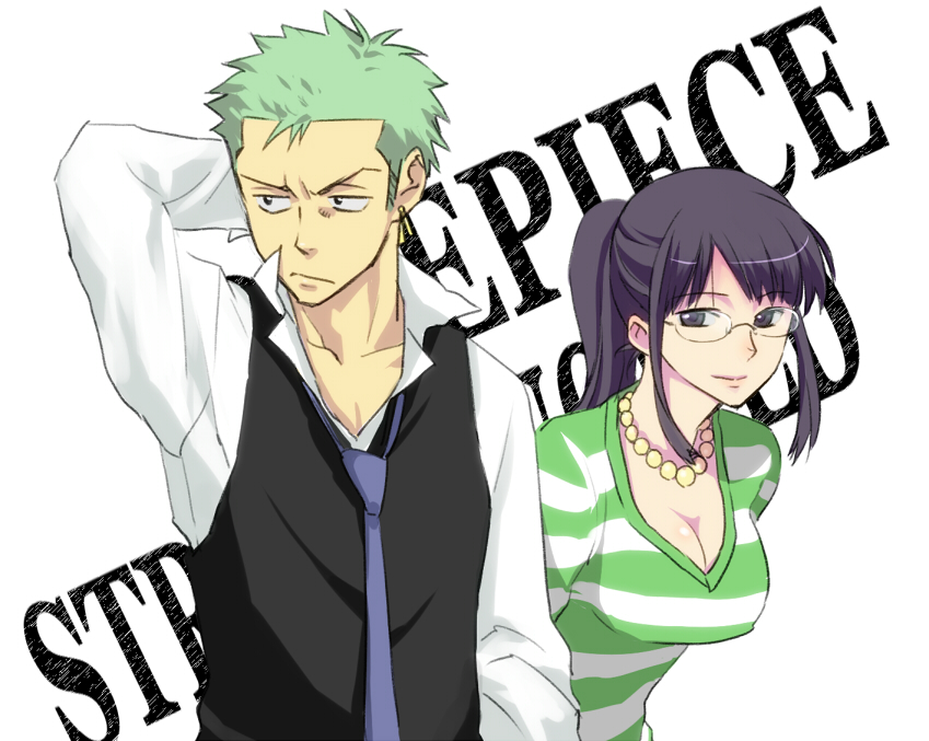 breasts, earrings, formal, glasses, green_hair, jewelry, long_hair, necklace, nico_robin, one_piece, one_piece:_strong_world, ponytail, roronoa_zoro, sacchin_(yama), short_hair, suit, sweater_dress