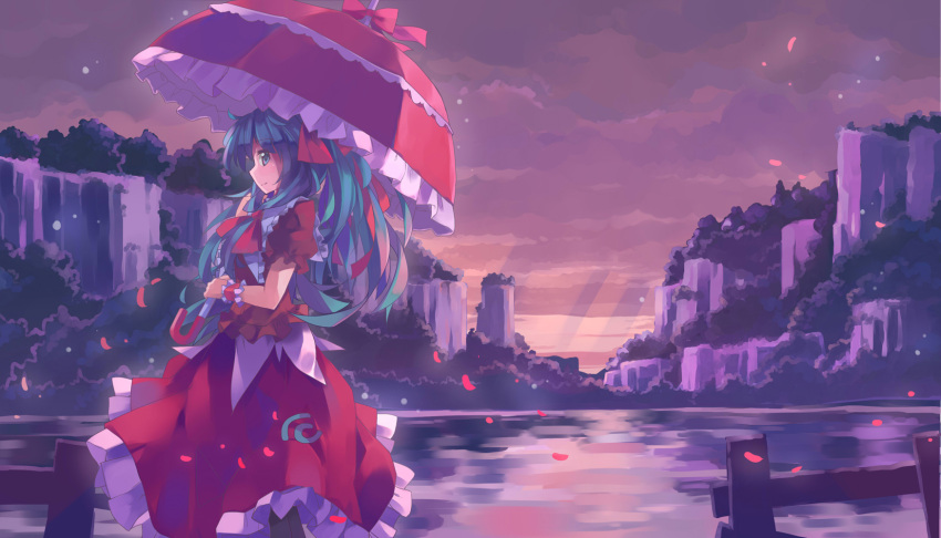 bush, dress, frills, front_ponytail, green_eyes, green_hair, hair_ornament, hair_ribbon