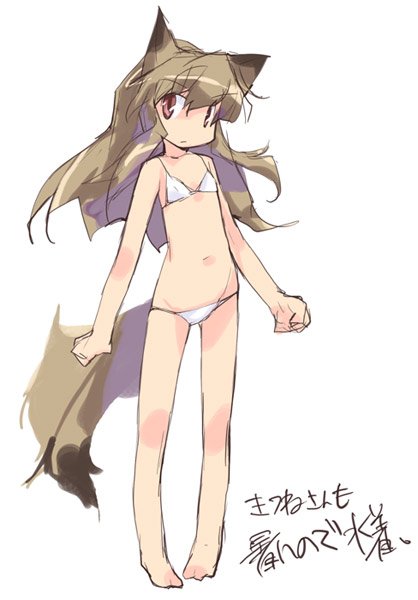 animal_ears, bikini, brown_hair, e=mc2_(mosimosi), flat_chest, fox_ears, fox_tail, original, red_eyes, swimsuit, tail, two_piece