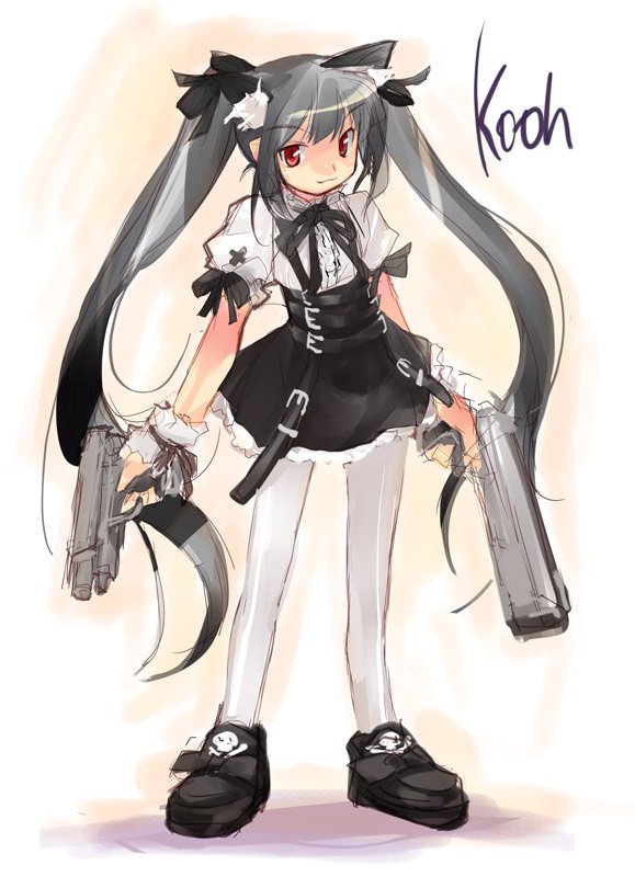 :3, animal_ears, black_hair, cat_ears, character_name, dual_wielding, e=mc2_(mosimosi), gun, kooh, lolita_fashion, long_hair, pangya, pantyhose, pistol, red_eyes, skull, solo, twintails, weapon, white_legwear