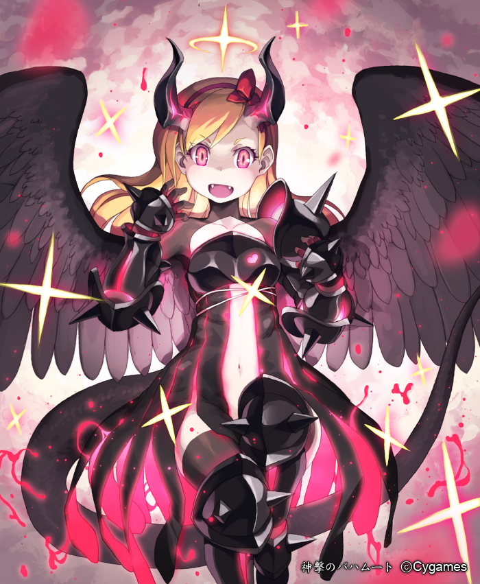 armor, bare_shoulders, black_wings, blonde_hair, boots, bow, breasts, center_opening