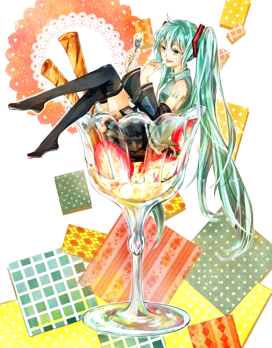 aqua_eyes, aqua_hair, boots, detached_sleeves, eating, food, fork, hatsune_miku