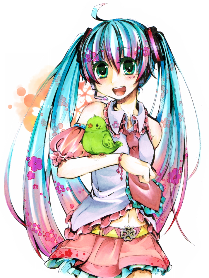 ahoge, alternate_costume, aqua_hair, arm_perch, bare_shoulders, belt, bird, bird_on_arm, bracelet, detached_sleeves, green_eyes, hatsune_miku, headset, jewelry, long_hair, navel, necktie, open_mouth, skirt, solo, tendosora, traditional_media, twintails, very_long_hair, vocaloid