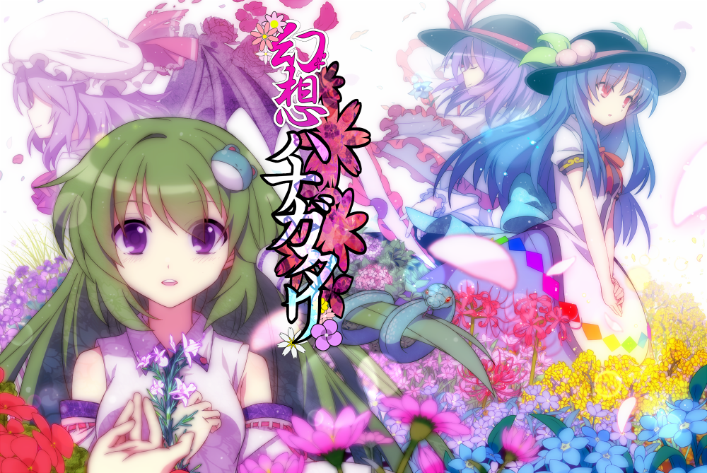 bat_wings, blue_hair, closed_eyes, eyes_closed, flower, frog_hair_ornament, green_hair, hair_ornament