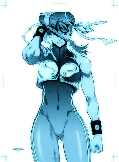alternate_costume, bare_shoulders, blue, bodysuit, bolero, bracelet, braid, breasts, chun-li, clenched_hand, cropped_jacket, dated, double_bun, hair_ribbon, jewelry, large_breasts, monochrome, muscle, ribbon, single_braid, skin_tight, solo, spiked_bracelet, spikes, street_fighter, street_fighter_zero, toned, zap, zaz