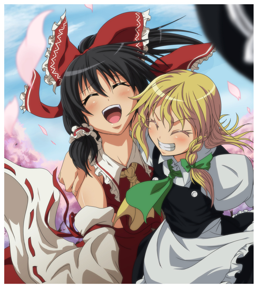 ^_^, arm_around_neck, ascot, black_hair, blonde_hair, blurry, bow, braid