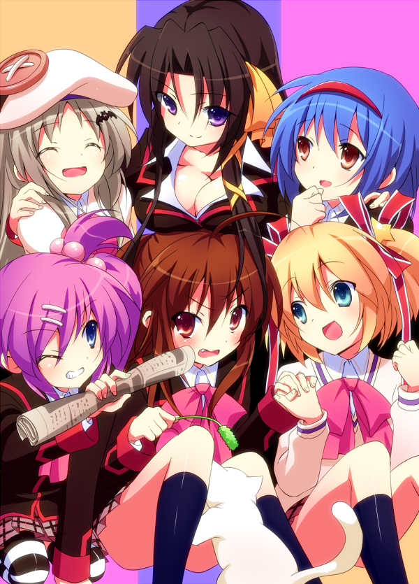 6girls, black_hair, blonde_hair, blue_eyes, blue_hair, blush, breasts, brown_eyes