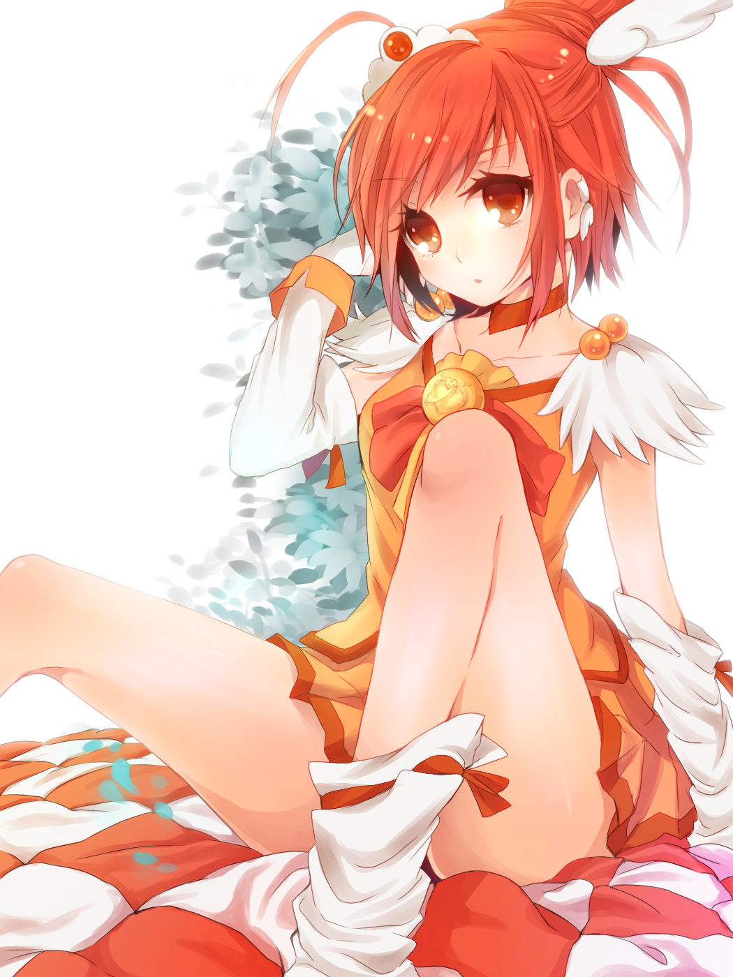 bowtie, brooch, choker, cure_sunny, dress, hair_bun, highres, hino_akane