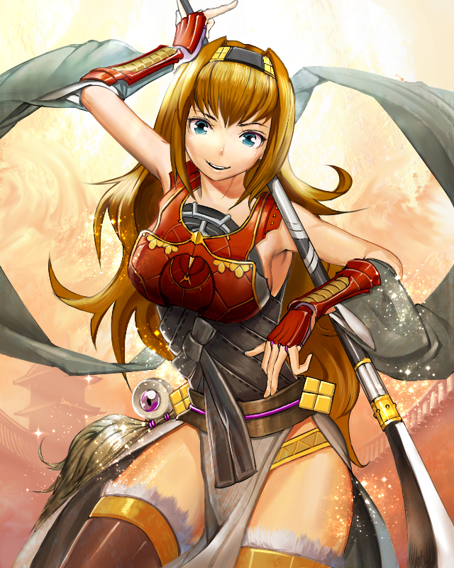 bare_shoulders, breasts, brown_hair, bushin_renkei_zero, green_eyes, naginata, otsuya_no_kata, polearm, shijima_(tanfn), sideboob, solo, thigh-highs, thighhighs, thighs, weapon