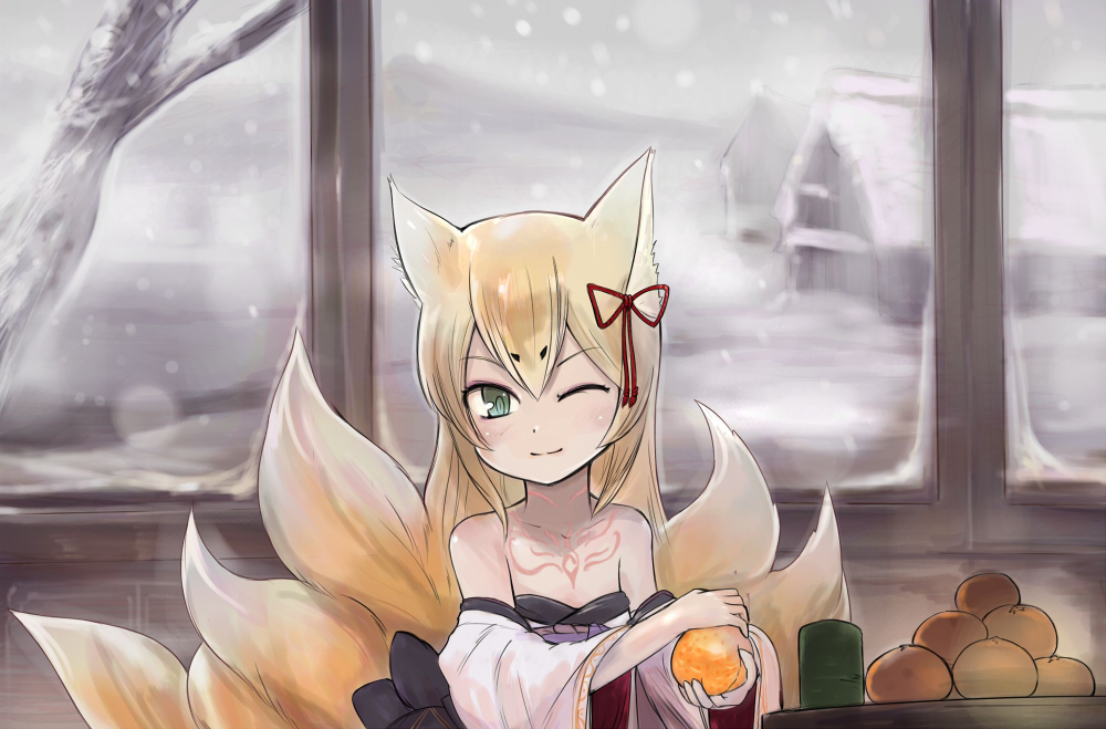 artist_request, bare_shoulders, fox, fox_ears, green_eyes, japanese_clothes, jingai_modoki, kitsune