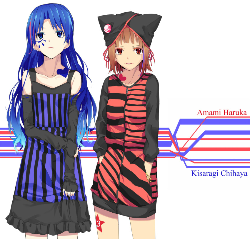 alternate_costume, amami_haruka, bare_shoulders, blue_eyes, blue_hair, bracelet, brown_eyes, brown_hair, detached_sleeves, dress, facial_tattoo, hands_in_pockets, hat, heart, idolmaster, jewelry, kisaragi_chihaya, long_hair, multicolored_hair, multiple_girls, ponekusan, ring, short_hair, tattoo, two-tone_hair