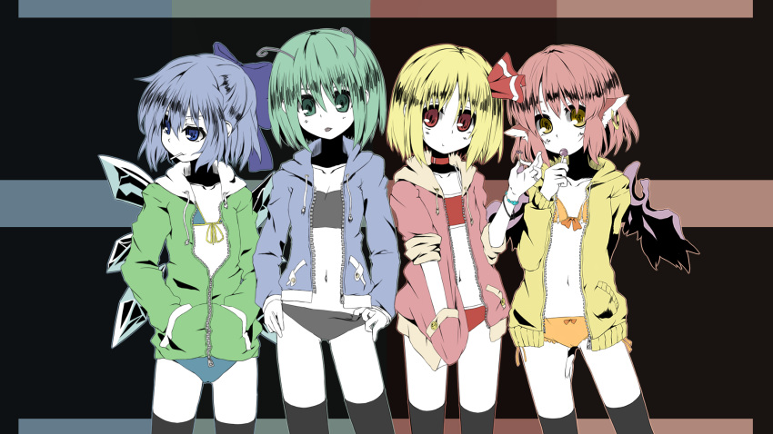 alternate_costume, antennae, bikini, black_legwear, blonde_hair, blue_eyes, blue_hair, bracelet