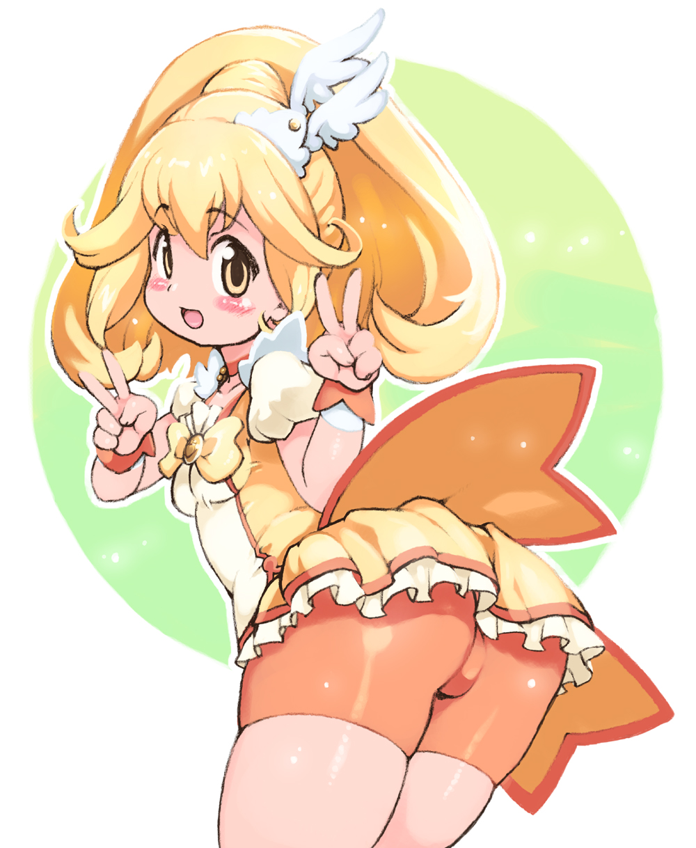 bike_shorts, blonde_hair, bowtie, cure_peace, double_v, dress, green_background, highres