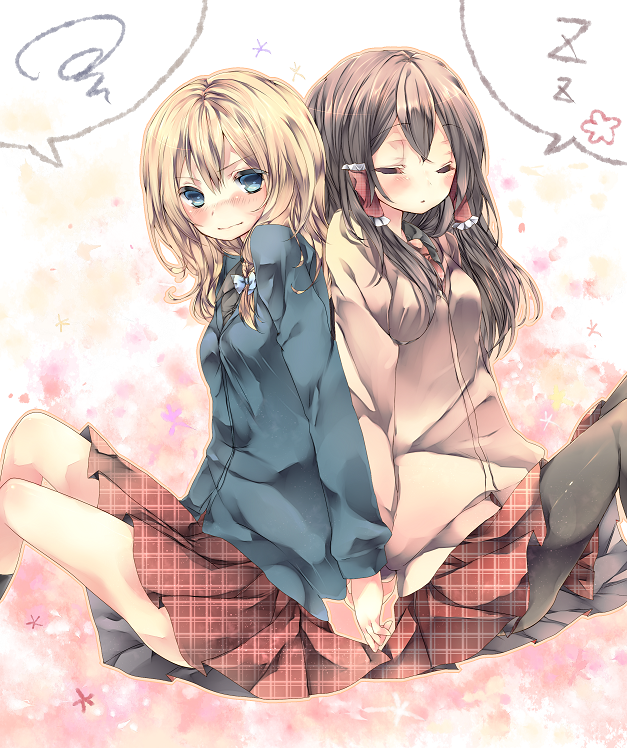 alternate_costume, back-to-back, blonde_hair, blue_eyes, blush, braid, brown_hair, closed_eyes
